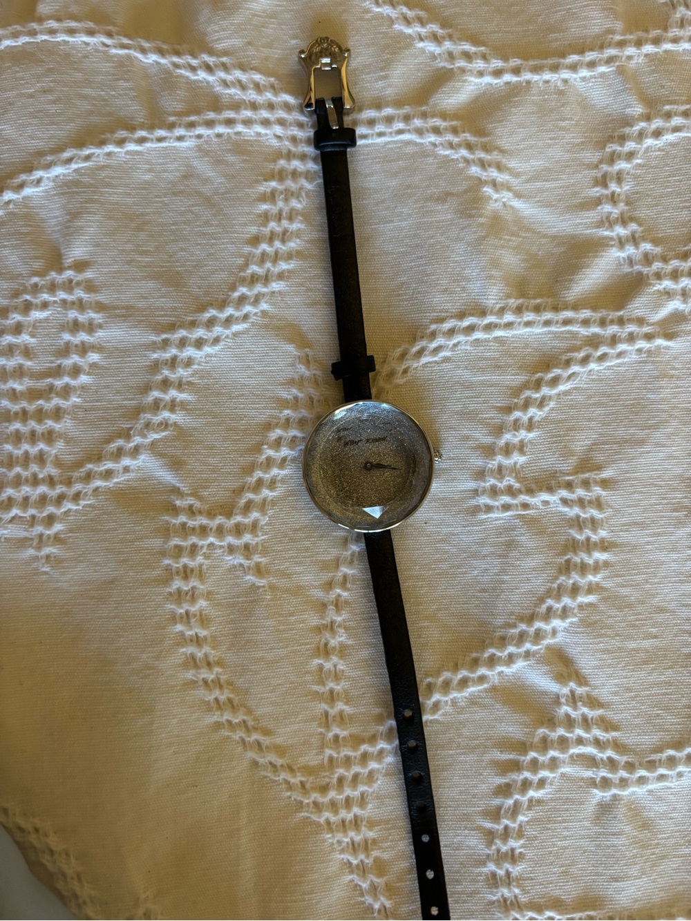 Betsey Johnson Black Strap with Leopard back, Round Faceted Dial Watch